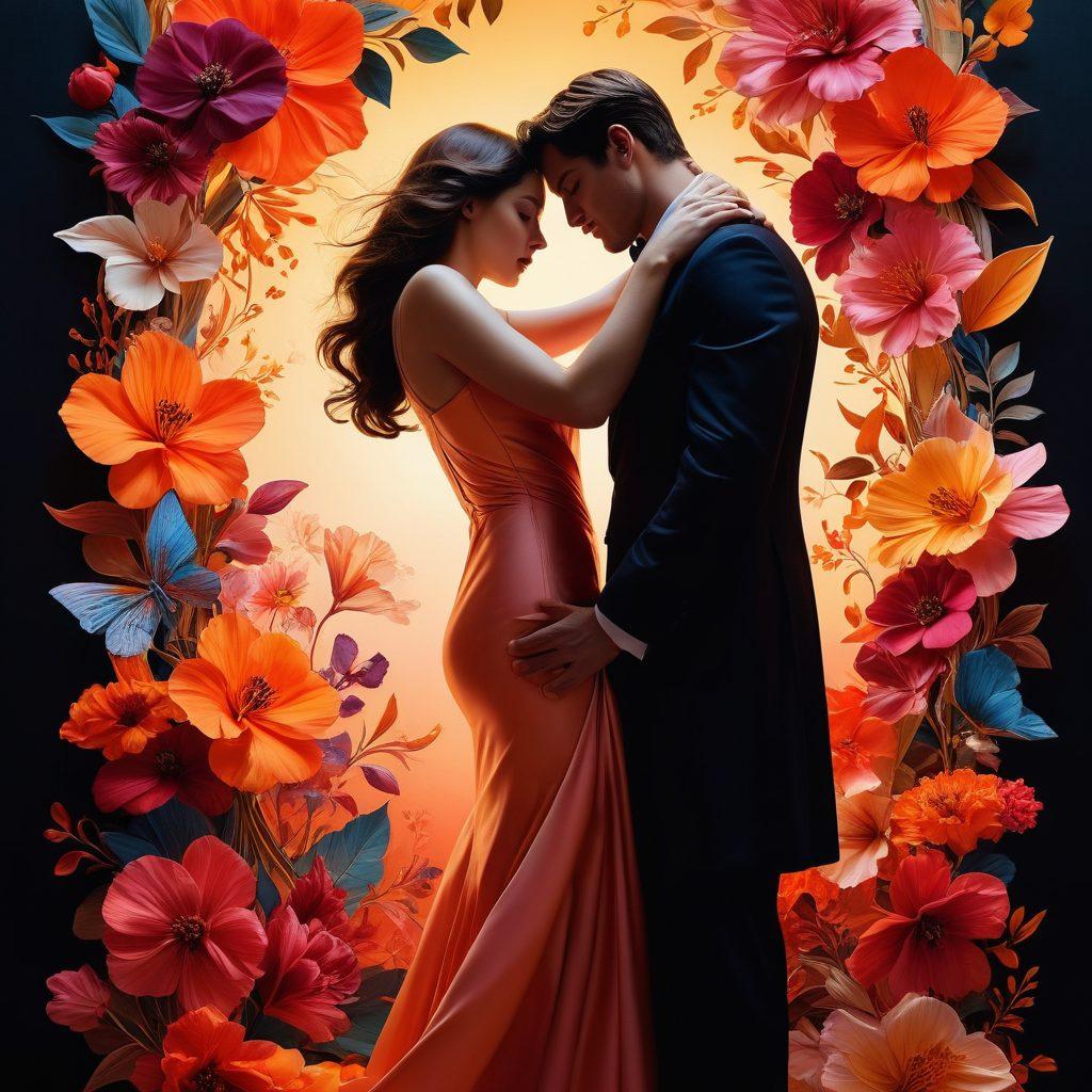 A visually striking collage showcasing the intersection of beauty and desire, featuring elegant silhouettes intertwined with vivid floral motifs and tasteful abstract forms. Incorporate elements like vibrant lighting, film reels, and subtle hints of sensuality, capturing the essence of adult filmography while maintaining an artistic flair. The background should be softly blurred to emphasize the subject matter. super-realistic. vibrant colors. artistic abstract.