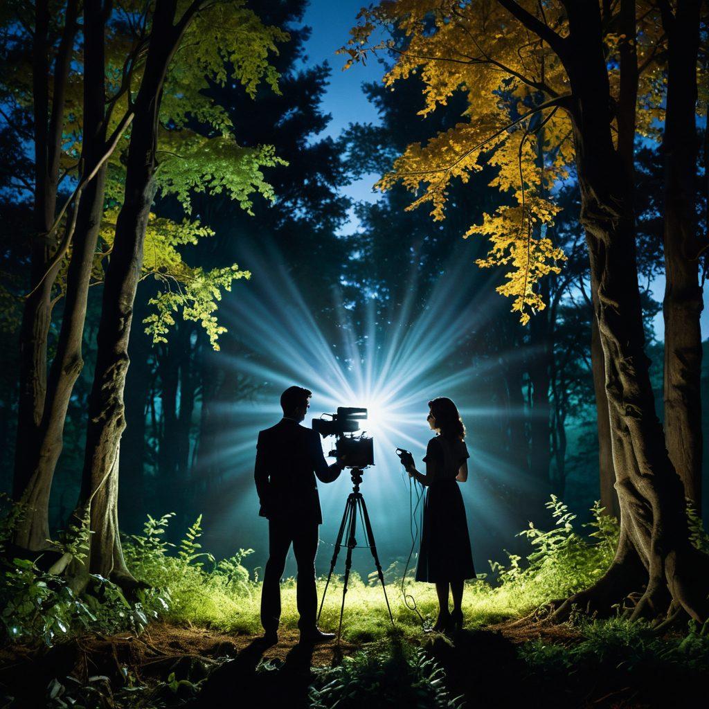 A surreal landscape featuring a film reel unraveling like a ribbon through a lush forest, with ghostly silhouettes of actors in dramatic poses emerging from the foliage. Glimmering lights and soft shadows create a mysterious ambiance, emphasizing the depth of storytelling. In the background, a vintage projector casts soft beams illuminating scenes of intimacy and connection. The color palette should have a dreamy quality with rich blues and warm golds. super-realistic. vibrant colors. cinematic style.
