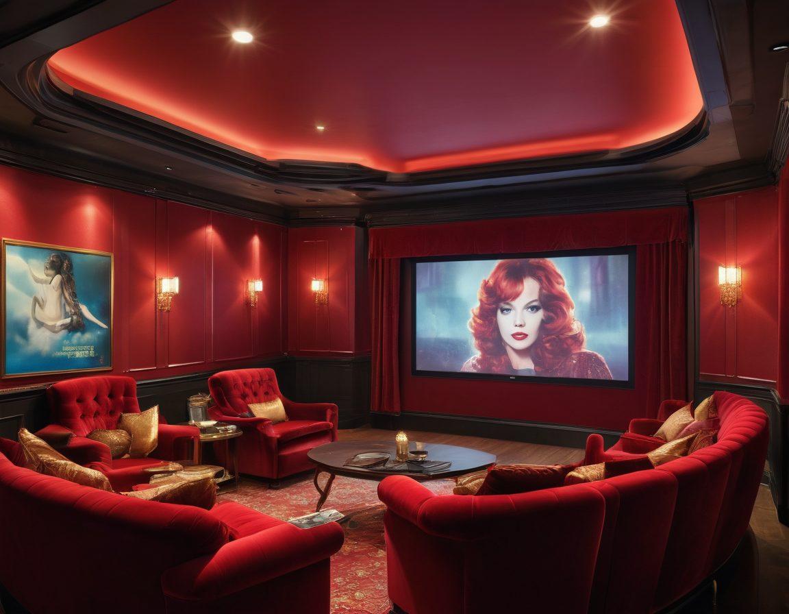 An artistic depiction of a vibrant, luxurious cinema hall showcasing eclectic adult film posters. Indulging shades of red and gold, with an inviting plush velvet seating area. Dimly lit ambiance creates a cozy yet thrilling atmosphere, with subtle hints of glamour and sophistication. A projector casting a mesmerizing film still on the screen. super-realistic. vibrant colors. luxurious setting.